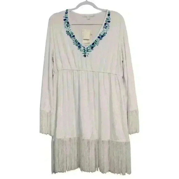 NWT Boston Proper Blouse Size XL Beaded Fringe Stretch Boho Artsy Hippie $98 - Picture 1 of 13